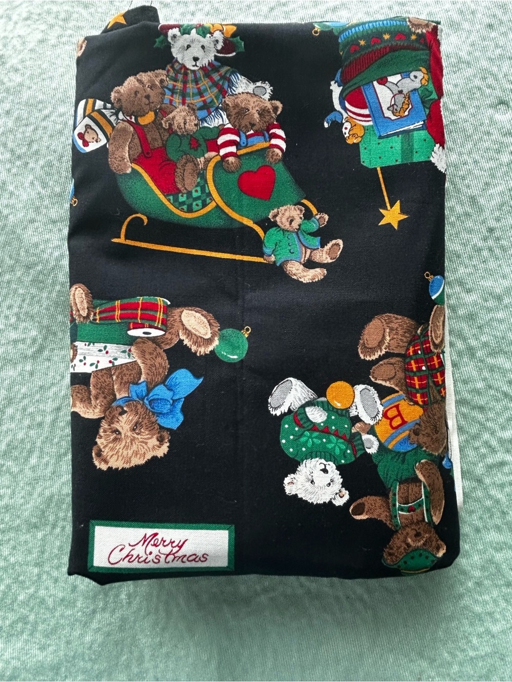 Holiday Teddy Bear Print fabric- Black Background- Cranston Print Works- new